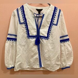 J. CREW Linen Blend Peasant blouse, White with Blue embroidery, SZ 4